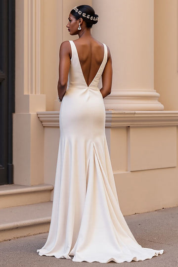 Ivory A Line V Neck Satin Wedding Dress with Slit